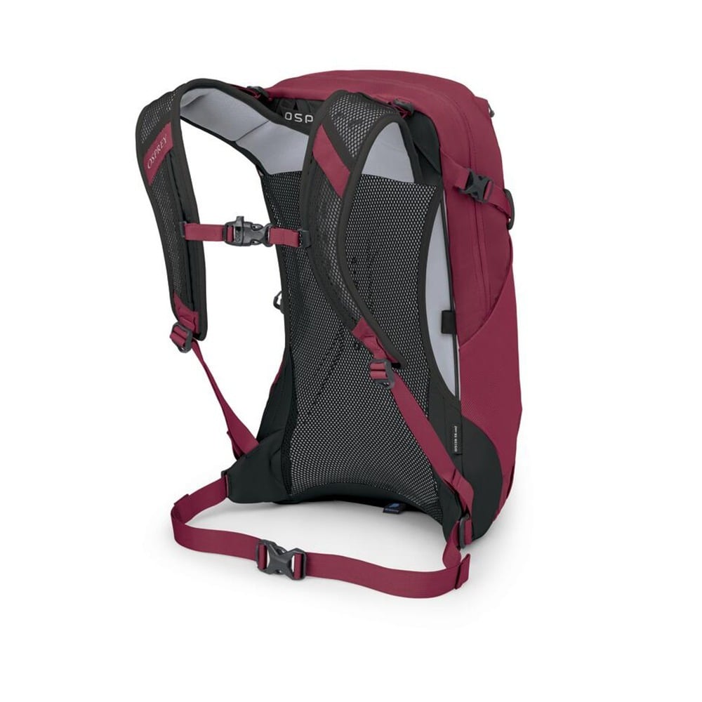 Osprey Hikelite 18 backpack in burgundy red showing back panel and straps