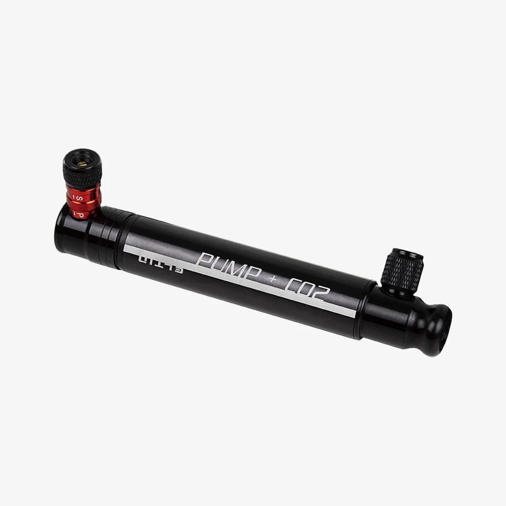 ELTIN black mini bike pump with CO2 cartridge capability and red valve