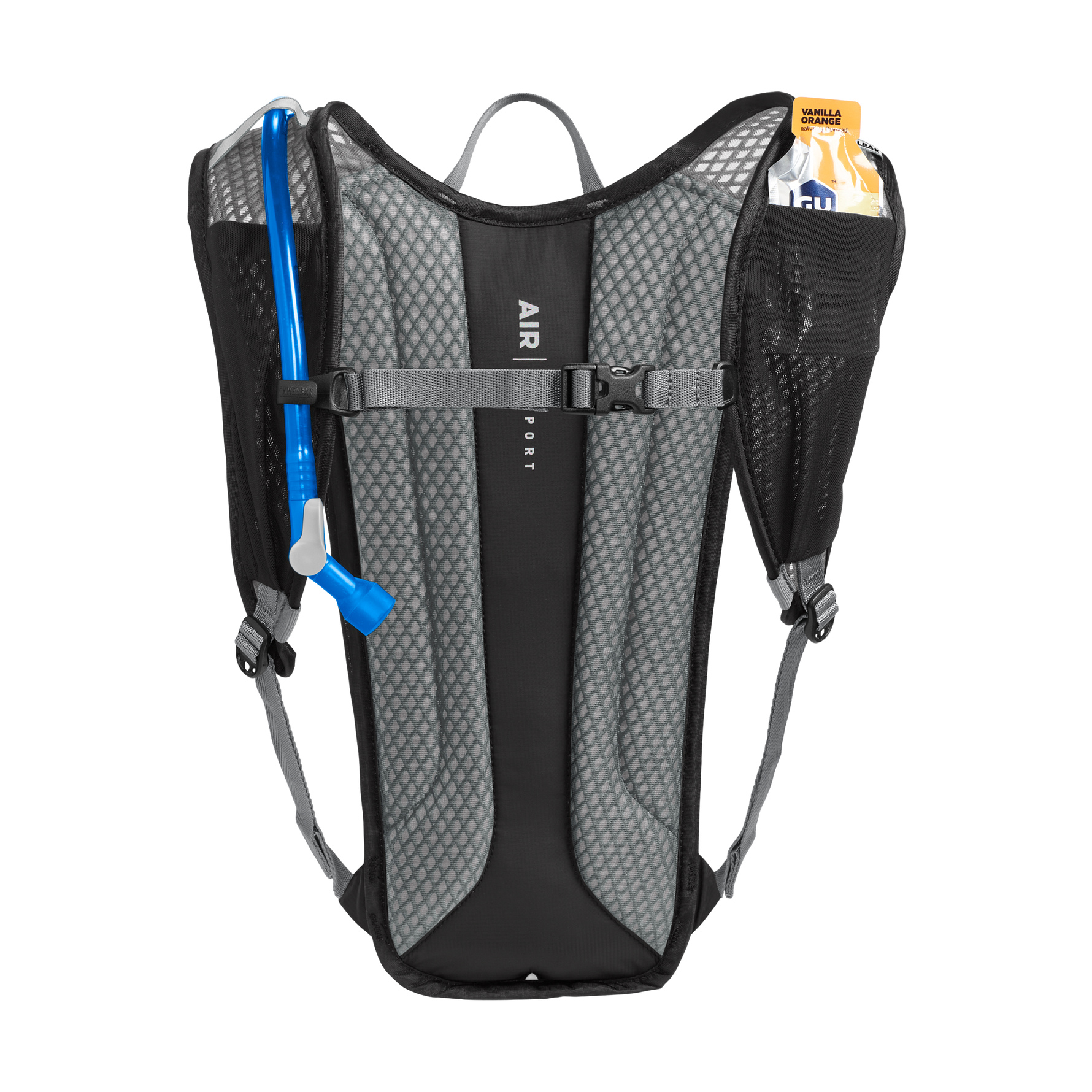 CamelBak Rogue Light hydration pack with blue drinking tube and gray mesh padding