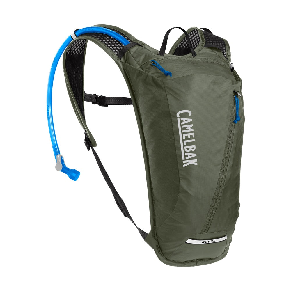 CamelBak Rogue hydration pack in dusty olive with blue hydration tube