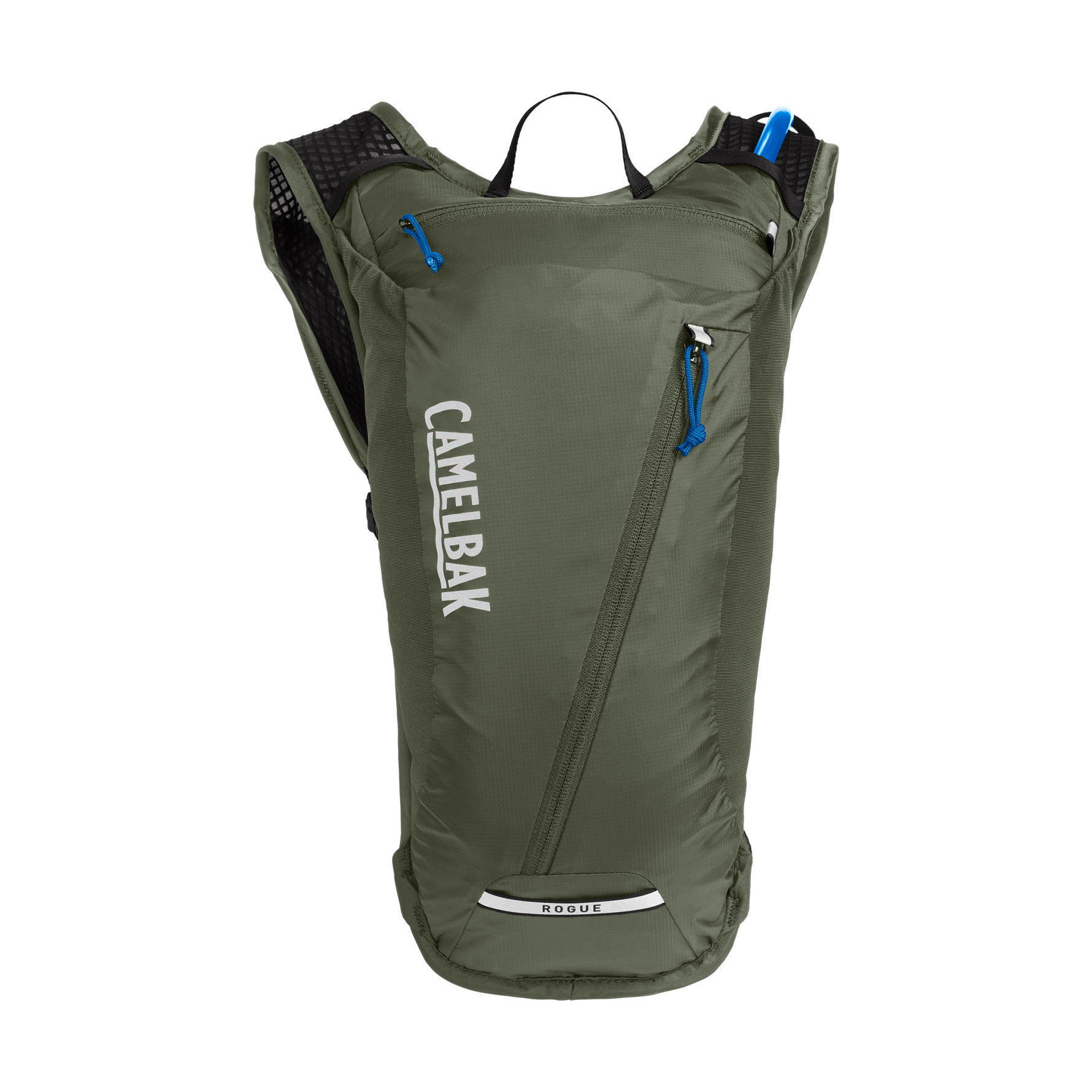 CamelBak Rogue Light hydration pack in dusty olive green with blue zipper accents