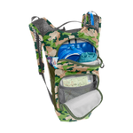CamelBak Mini M.U.L.E. hydration backpack in camo pattern with open compartments showing storage