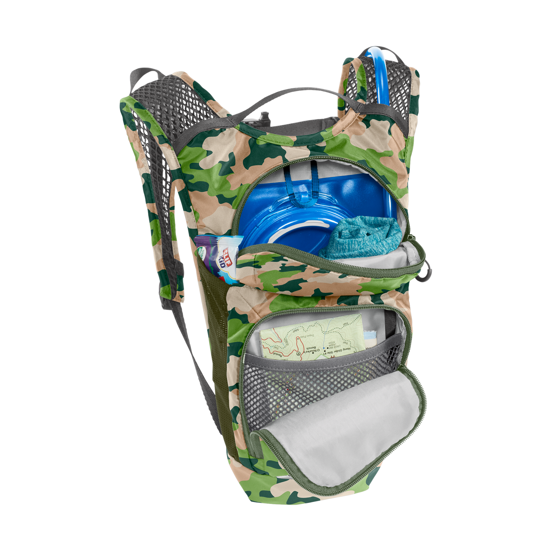 CamelBak Mini M.U.L.E. hydration backpack in camo pattern with open compartments showing storage