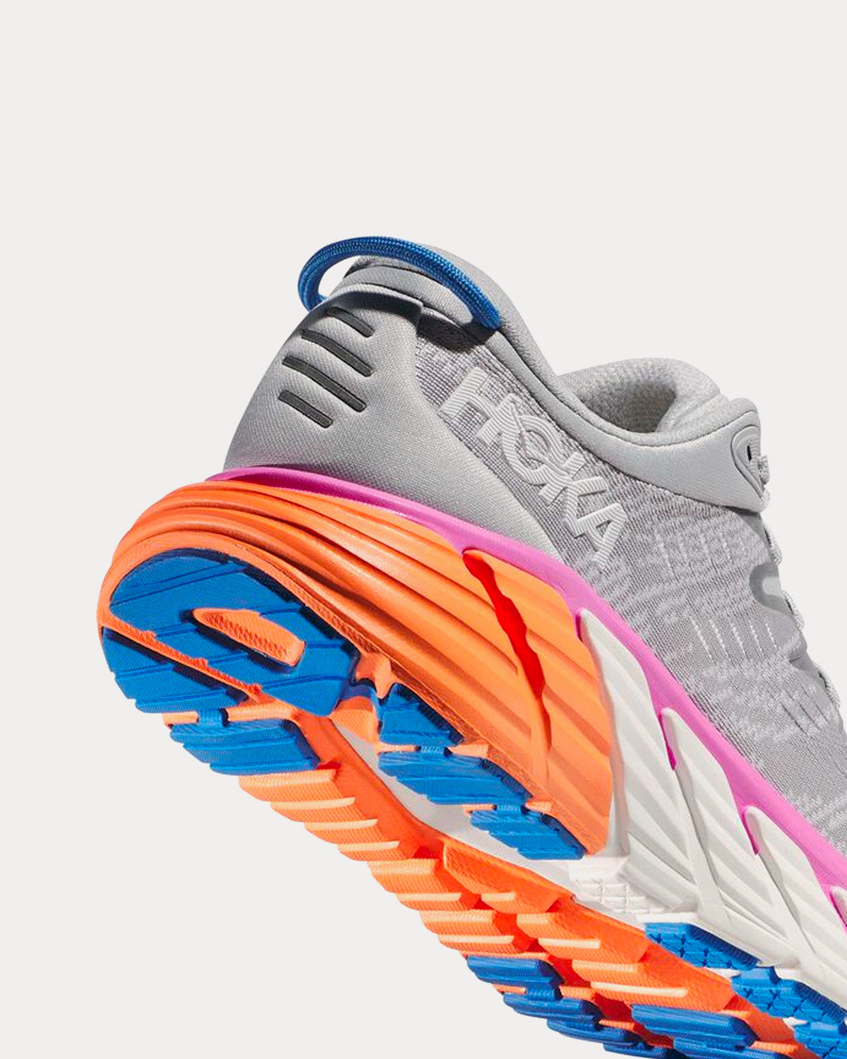 Hoka Gaviota 4 running shoe in Harbor Mist/Nimbus Cloud colorway showing vibrant rainbow outsole
