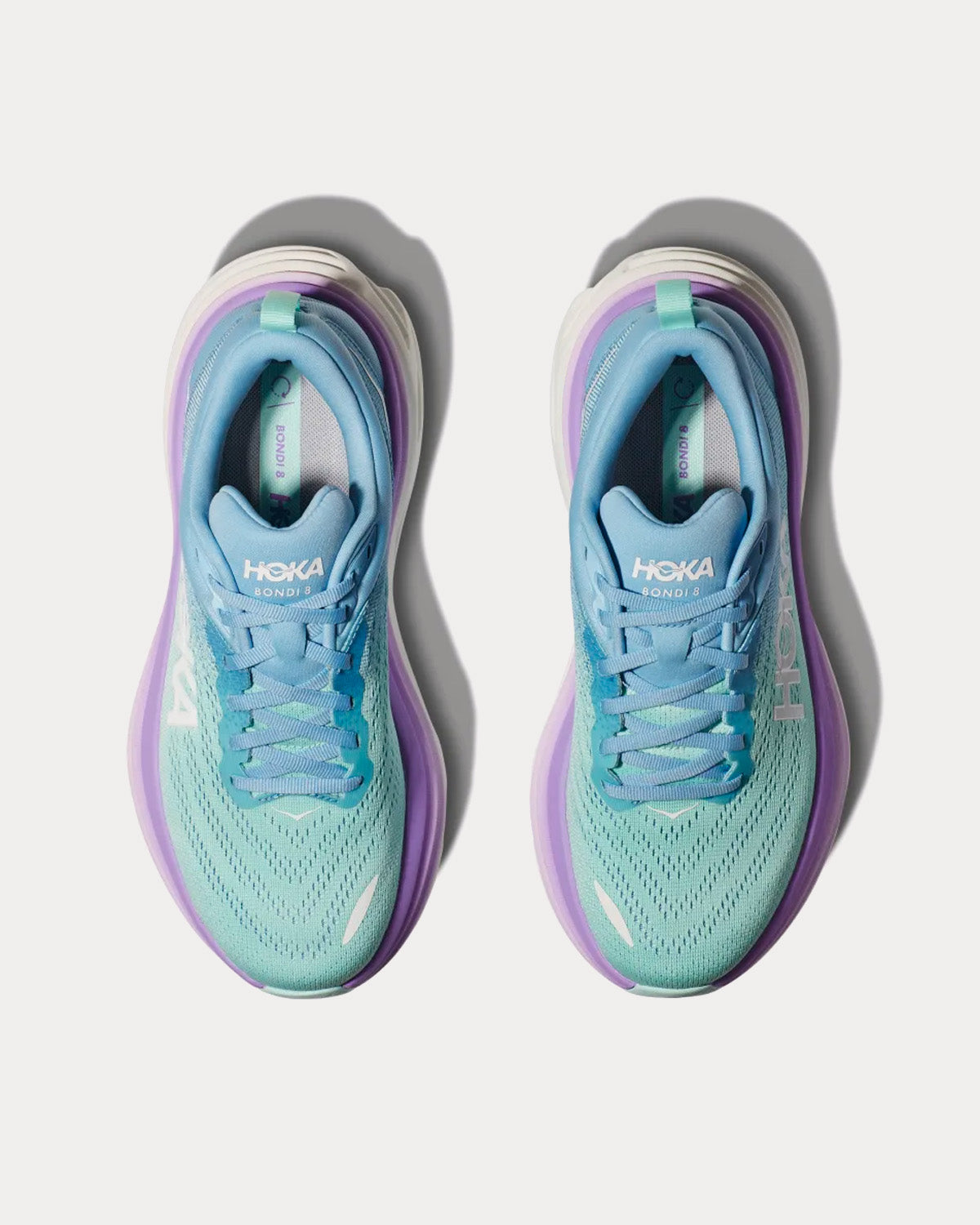 HOKA Bondi 8 women's running shoes in airy blue and purple colorway