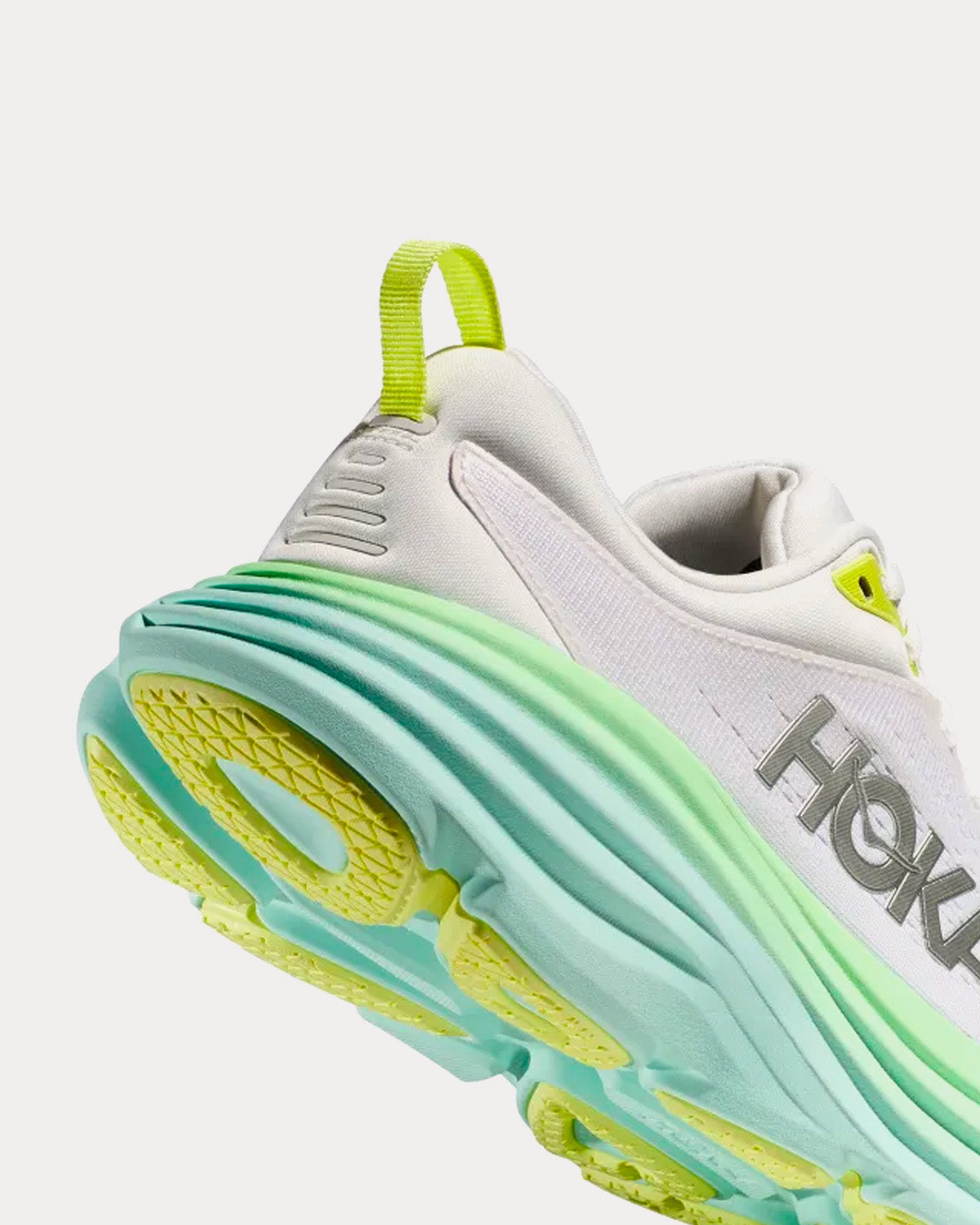 Hoka Bondi 8 women's running shoe in white with mint green sole