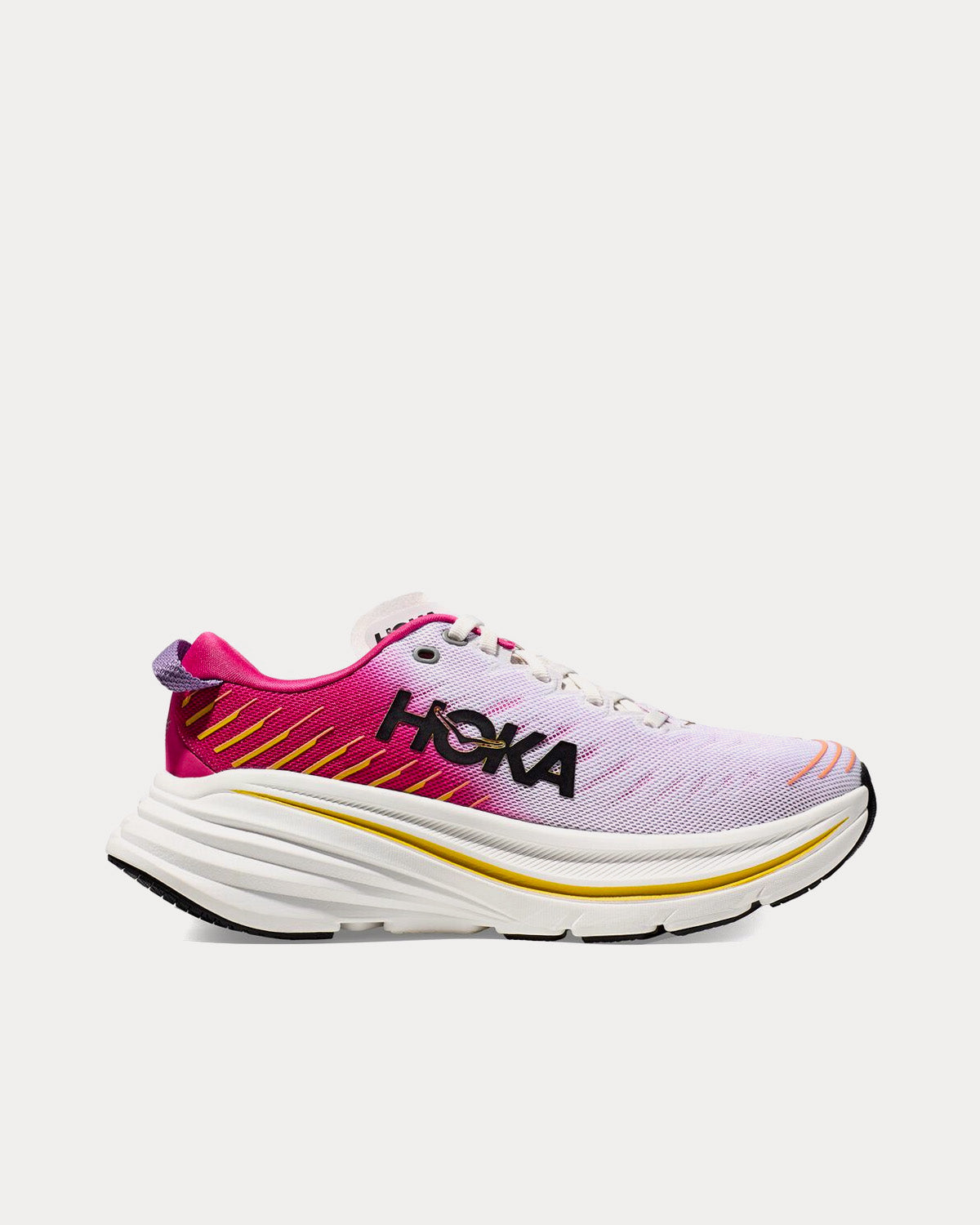 HOKA Bondi X women's running shoe in white and pink yarrow colorway