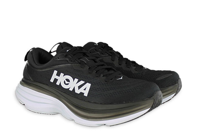 HOKA Bondi 8 running shoes in black with white midsole and HOKA branding