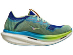 Hoka Cielo X1 running shoe in evening sky blue and lettuce green colorway