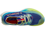 Hoka Cielo X1 running shoe in blue and lime green colorway, top view