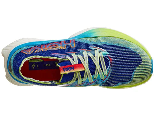Hoka Cielo X1 running shoe in blue and lime green colorway, top view
