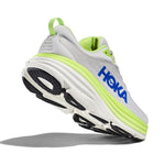 HOKA Bondi 8 running shoe in light gray with lime green accents