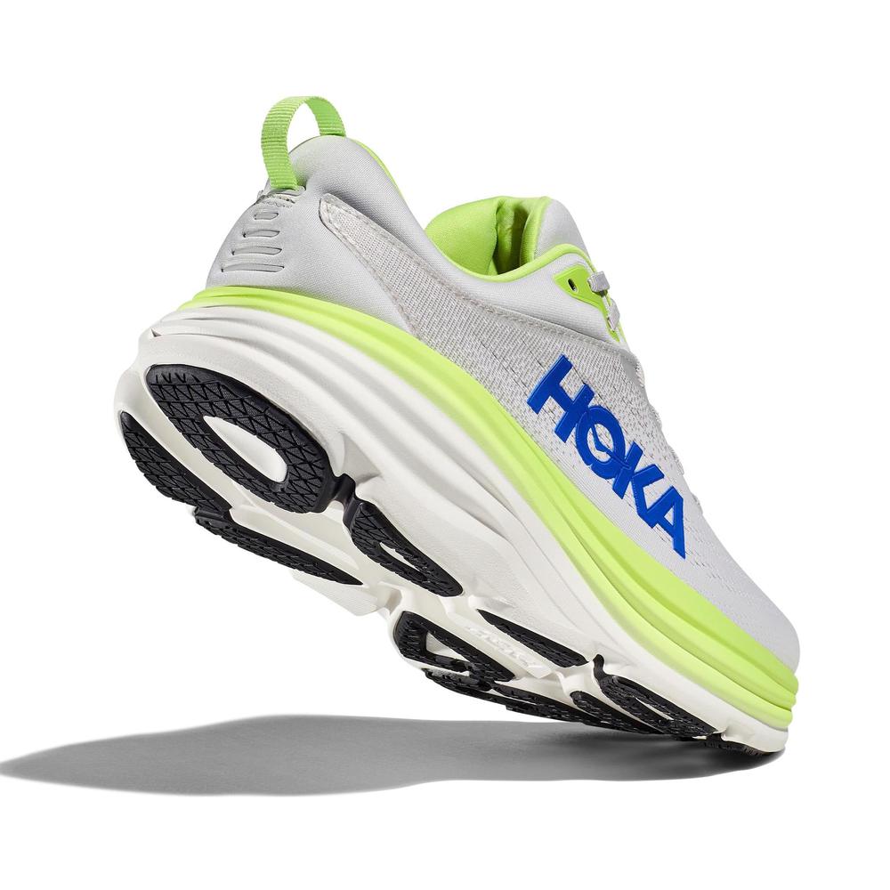 HOKA Bondi 8 running shoe in light gray with lime green accents