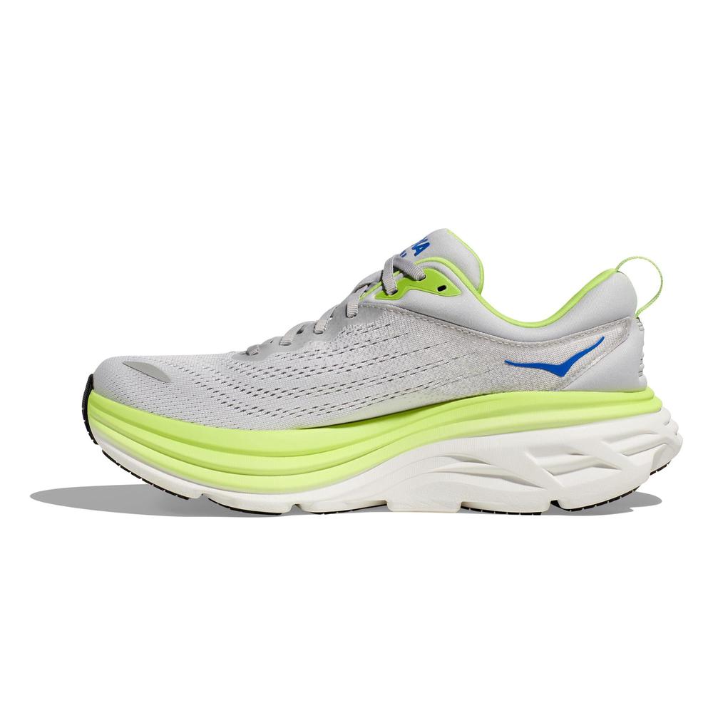 Hoka Bondi 8 men's running shoe in stardust gray with lime green accents