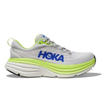 HOKA Bondi 8 running shoe in light gray with bright green accents
