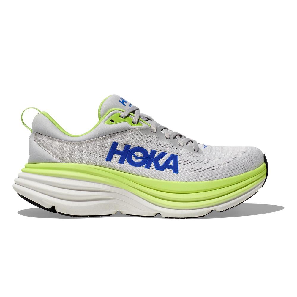 HOKA Bondi 8 running shoe in light gray with bright green accents