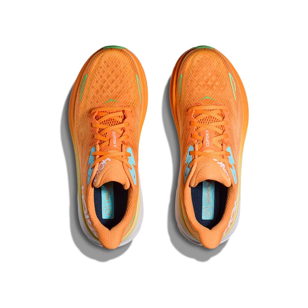 Hoka Clifton 9 men's running shoes in solar flare orange colorway, top view