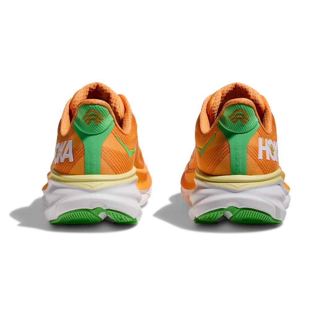 Hoka Clifton 9 men's running shoes in solar flare orange with green accents, rear view