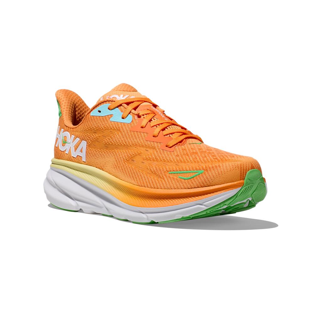 HOKA Clifton 9 men's running shoe in solar flare orange with green sole