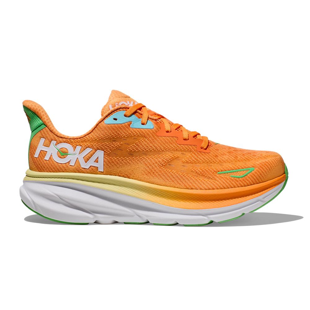 HOKA Clifton 9 men's running shoe in solar flare orange colorway