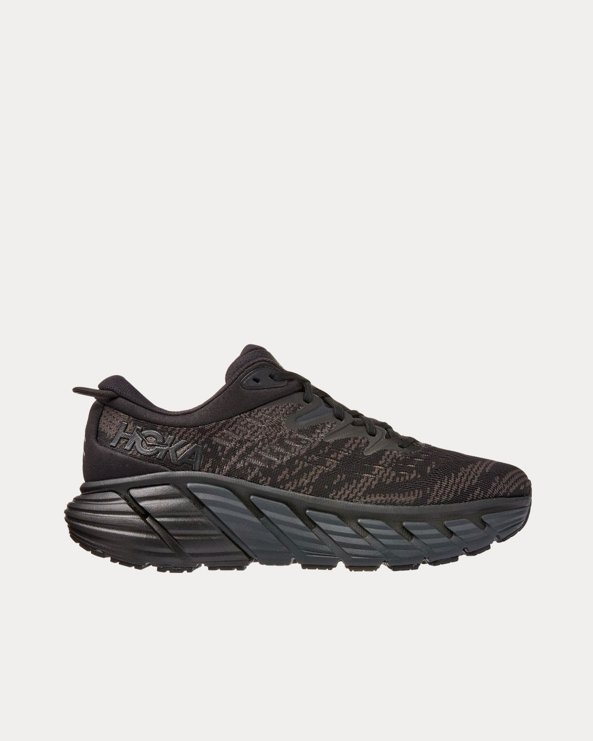HOKA Gaviota 4 men's running shoe in black with textured upper and chunky sole
