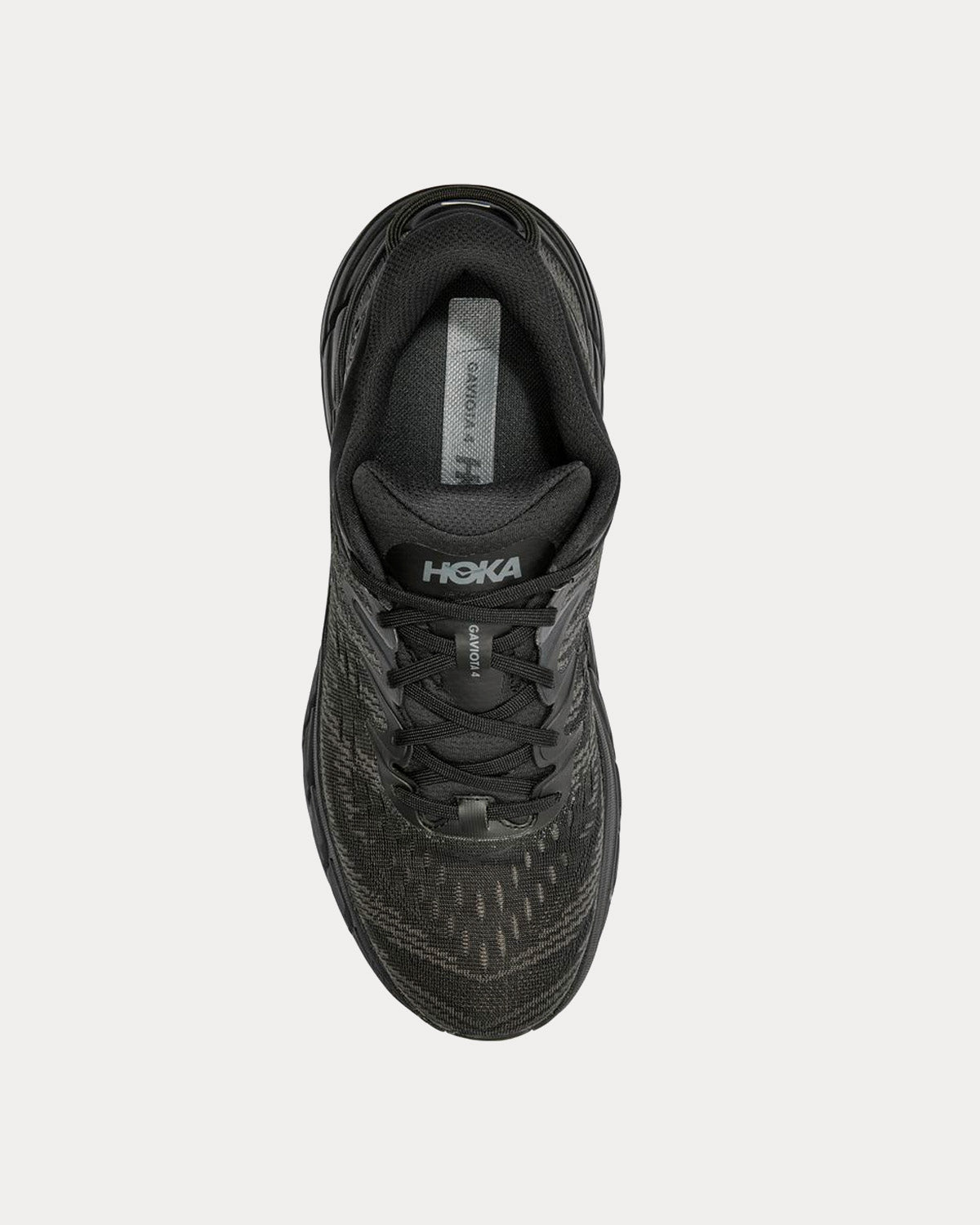 HOKA Gaviota 4 men's running shoe in black colorway, top-down studio view