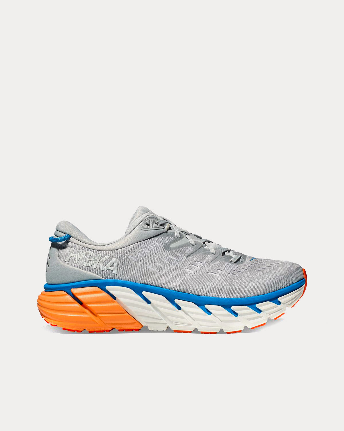 Hoka Gaviota 4 men's running shoe in light gray with colorful midsole
