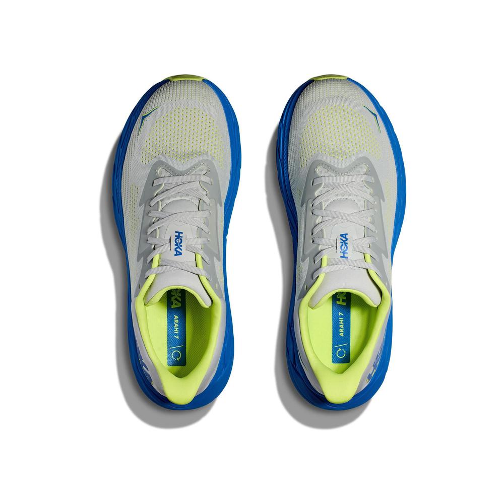 HOKA Arahi 7 men's running shoes in stardust gray with electric cobalt blue sole