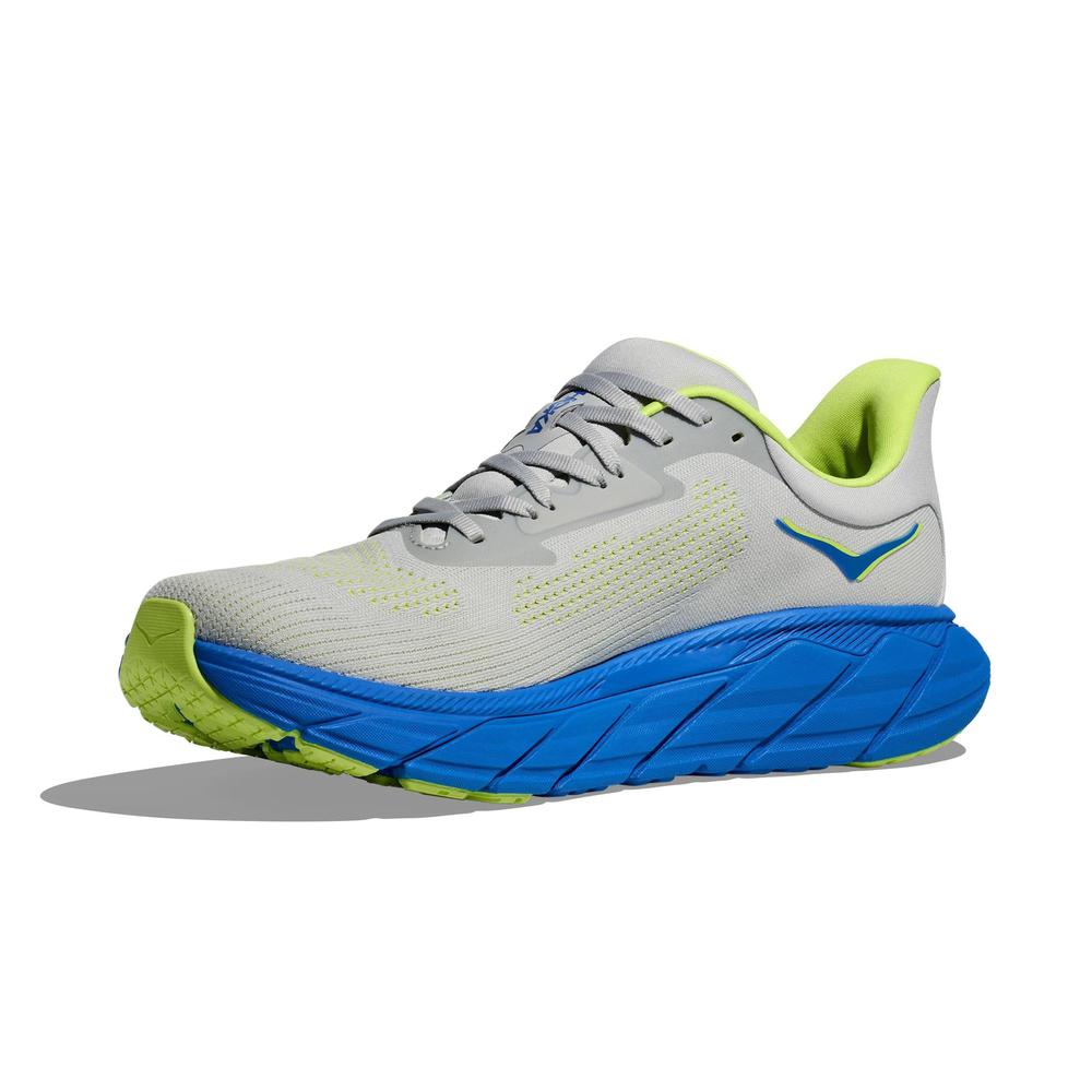 HOKA Arahi 7 men's running shoe in stardust gray with electric blue sole