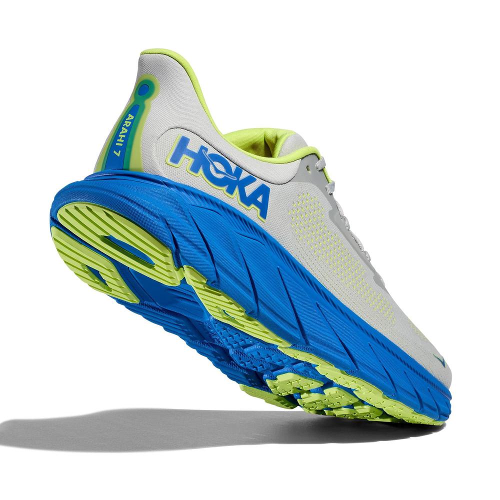 HOKA Arahi 7 men's running shoe in stardust gray with electric cobalt blue sole