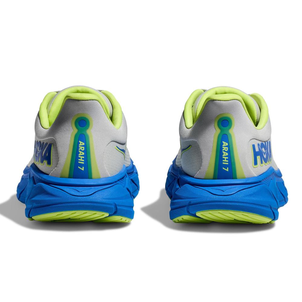 HOKA Arahi 7 men's running shoes in stardust gray with electric cobalt blue sole