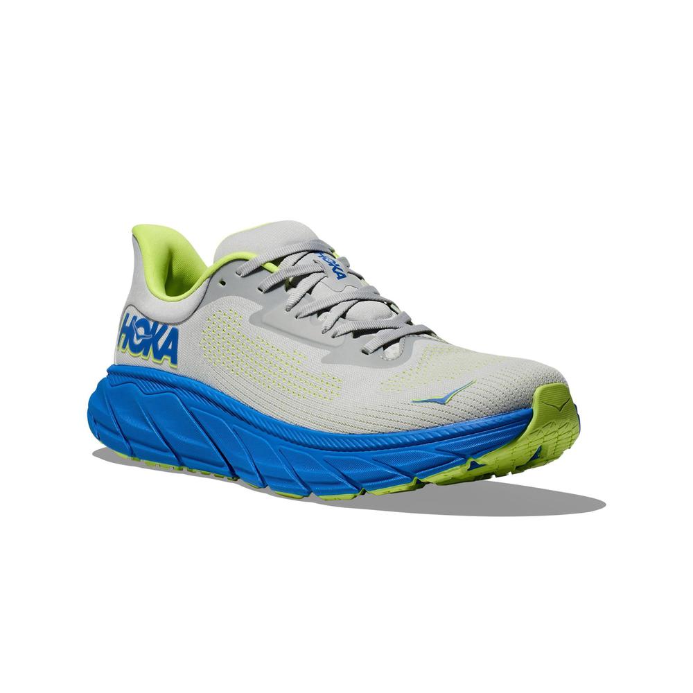 HOKA Arahi 7 men's running shoe in stardust gray with electric blue midsole