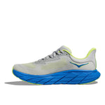 HOKA Arahi 7 men's running shoe in stardust gray with electric blue sole