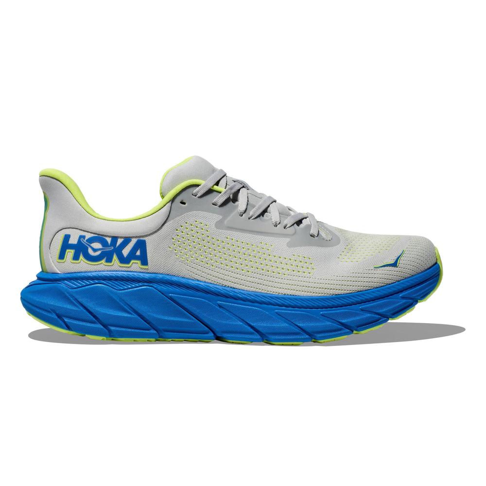 HOKA Arahi 7 men's running shoe in stardust gray with electric cobalt blue midsole