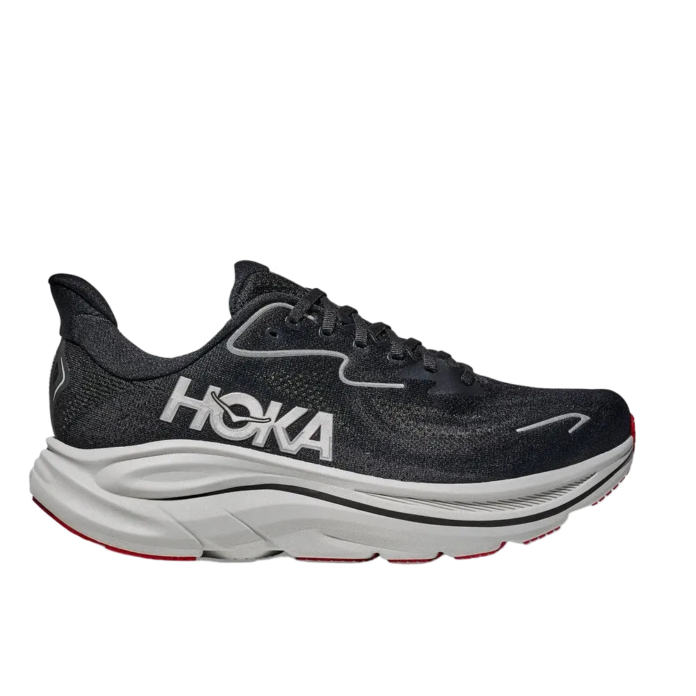 Hoka Clifton 10 men's running shoe in black with white midsole