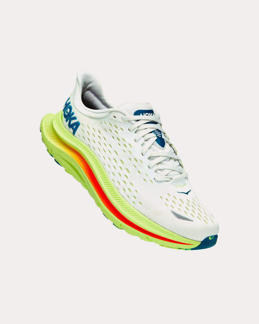 Hoka Kawana running shoes in Blanc De Blanc/Butterfly colorway with white upper and rainbow midsole