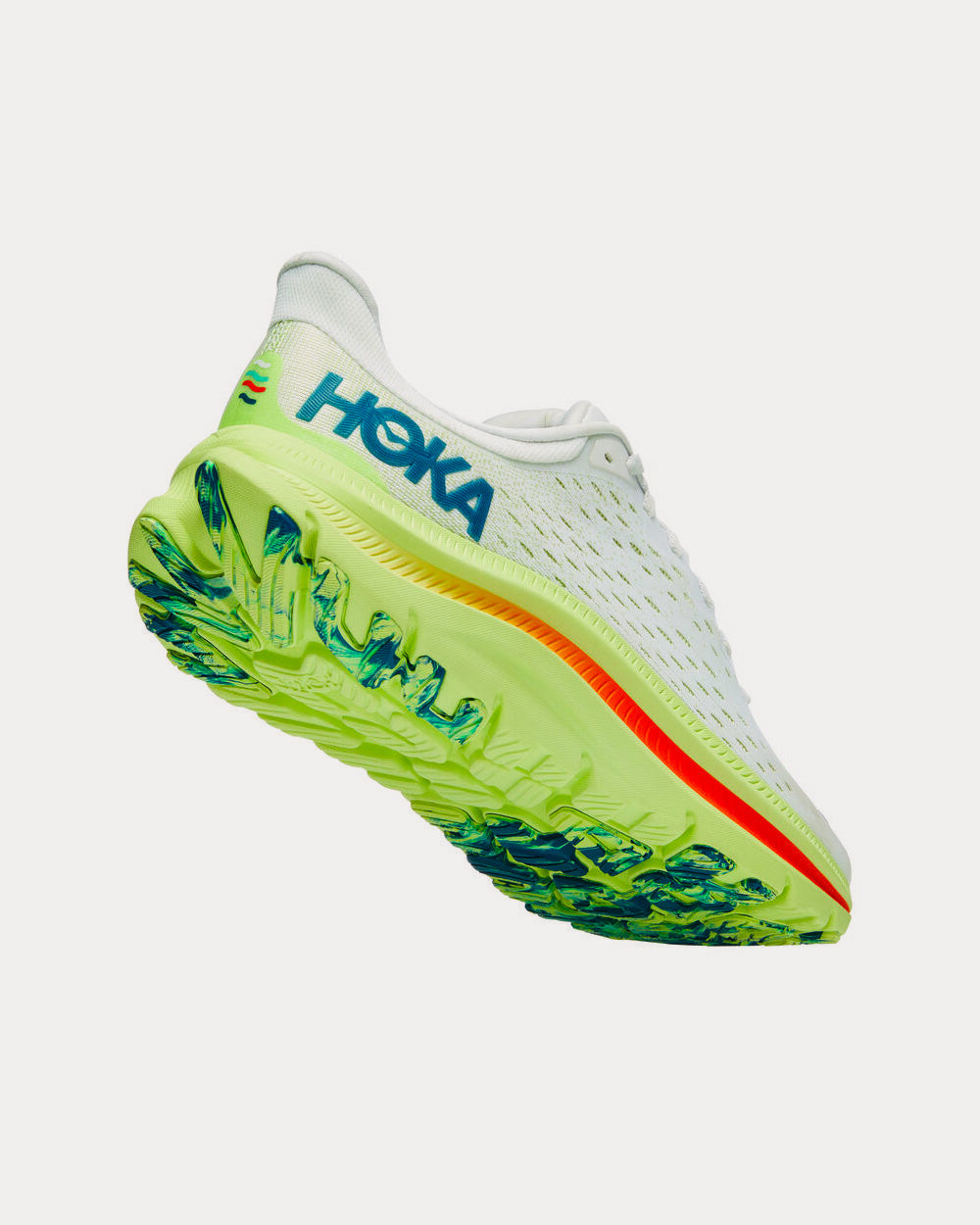 Hoka Kawana running shoe in Blanc De Blanc/Butterfly colorway with white upper and vibrant lime sole