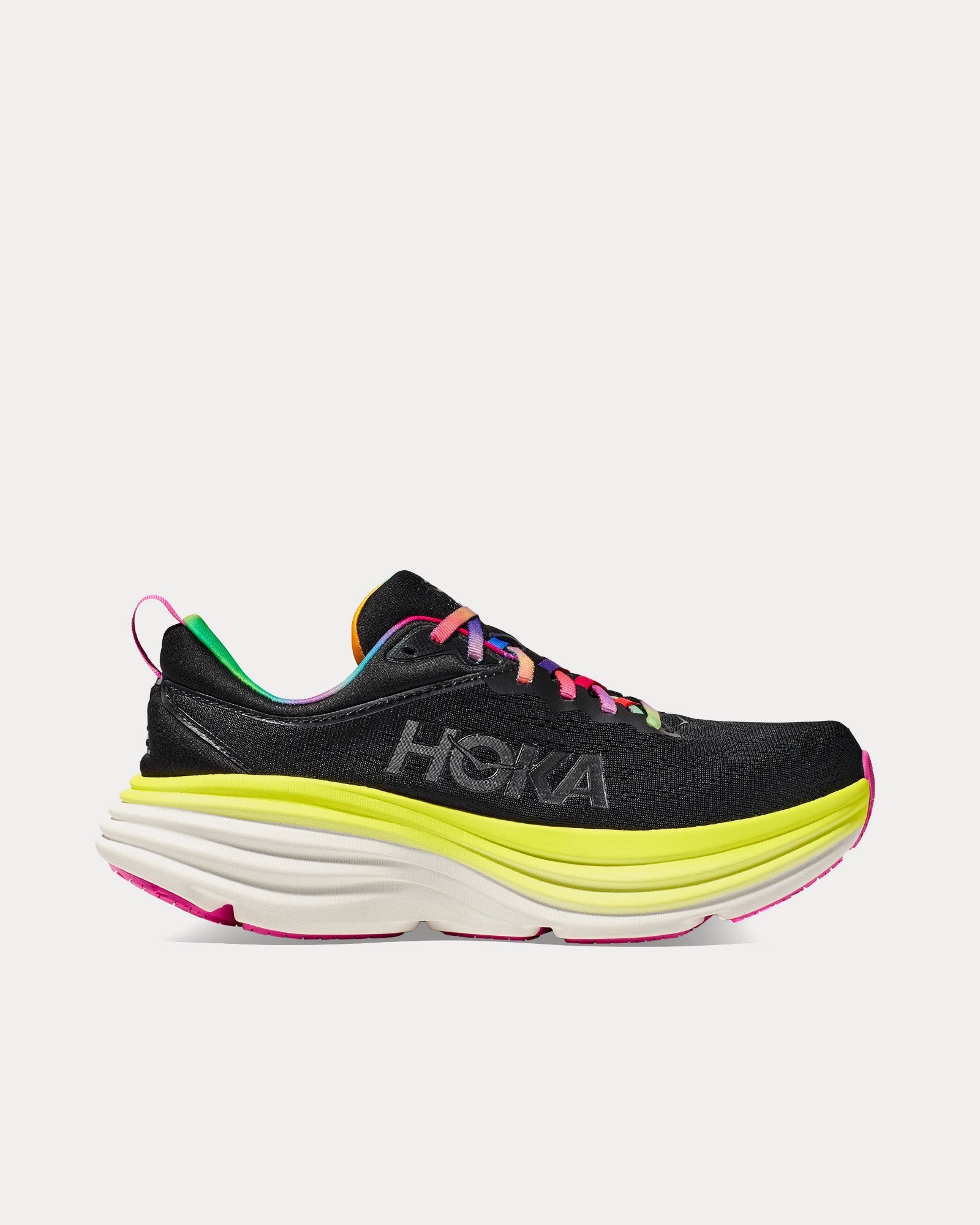 HOKA Bondi 8 women's running shoe in black with citrus yellow midsole