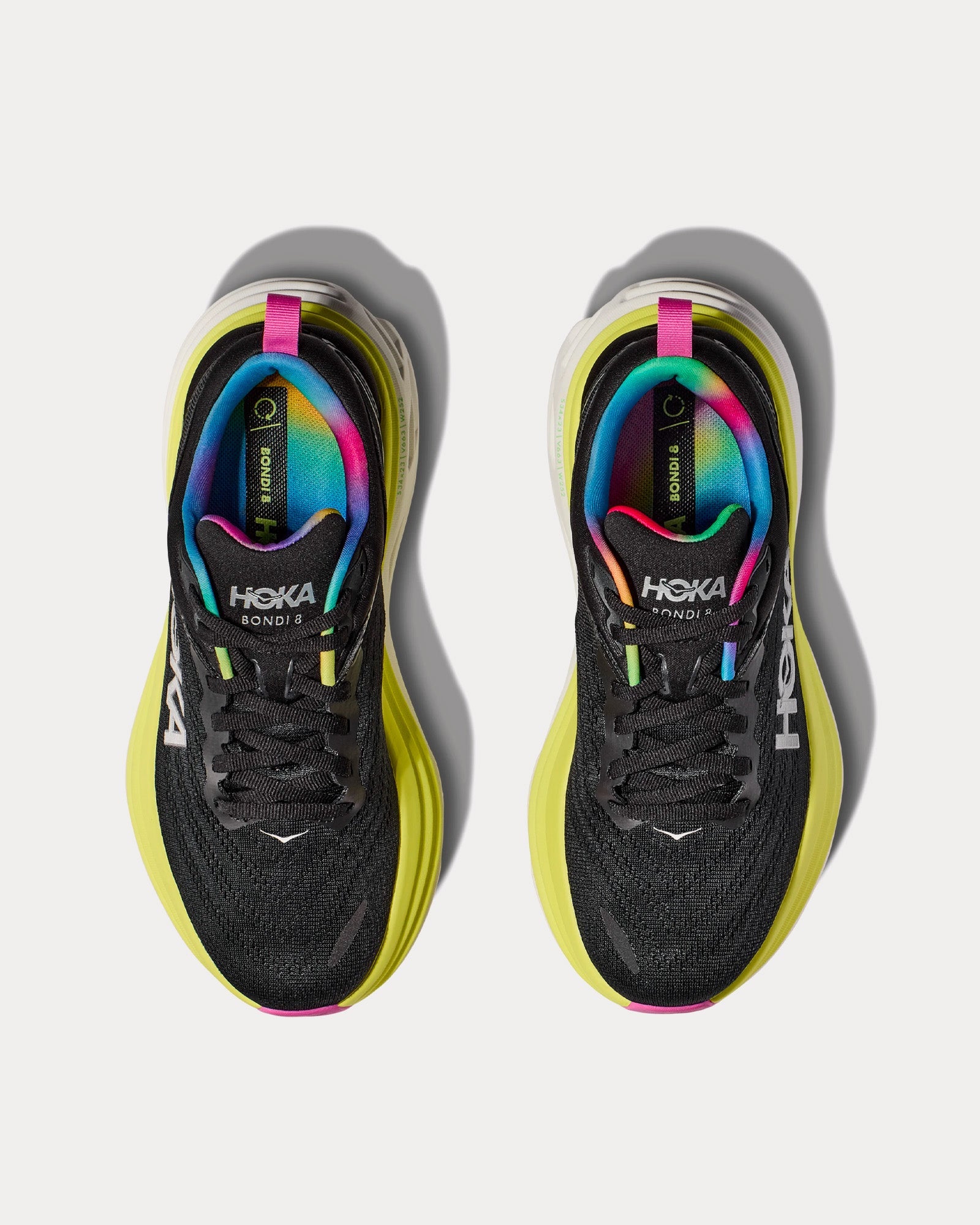 HOKA Bondi 8 women's running shoes in black with bright citrus yellow sole