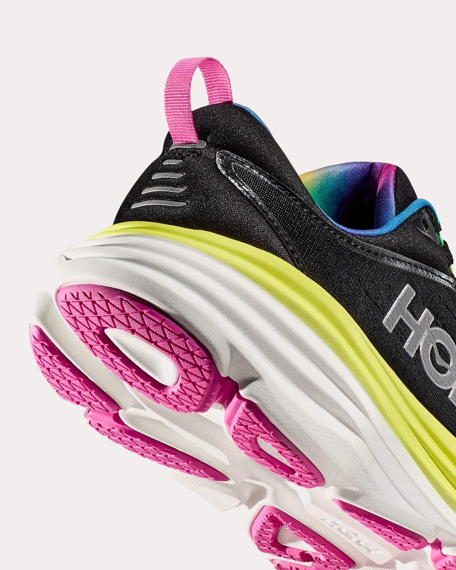 Hoka Bondi 8 women's running shoe in black with citrus yellow midsole and pink outsole