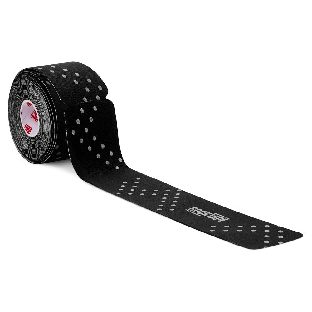 RockTape GO Reflective kinesiology tape roll in black with white reflective dots pattern