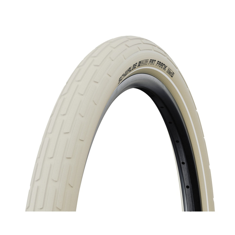 Schwalbe Fat Frank white bicycle tire with textured tread pattern on clean background