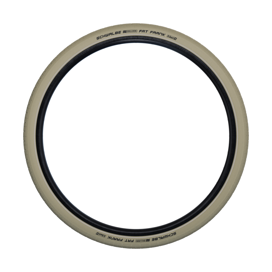 Schwalbe Fat Frank bicycle tire in white with black sidewall on clean background