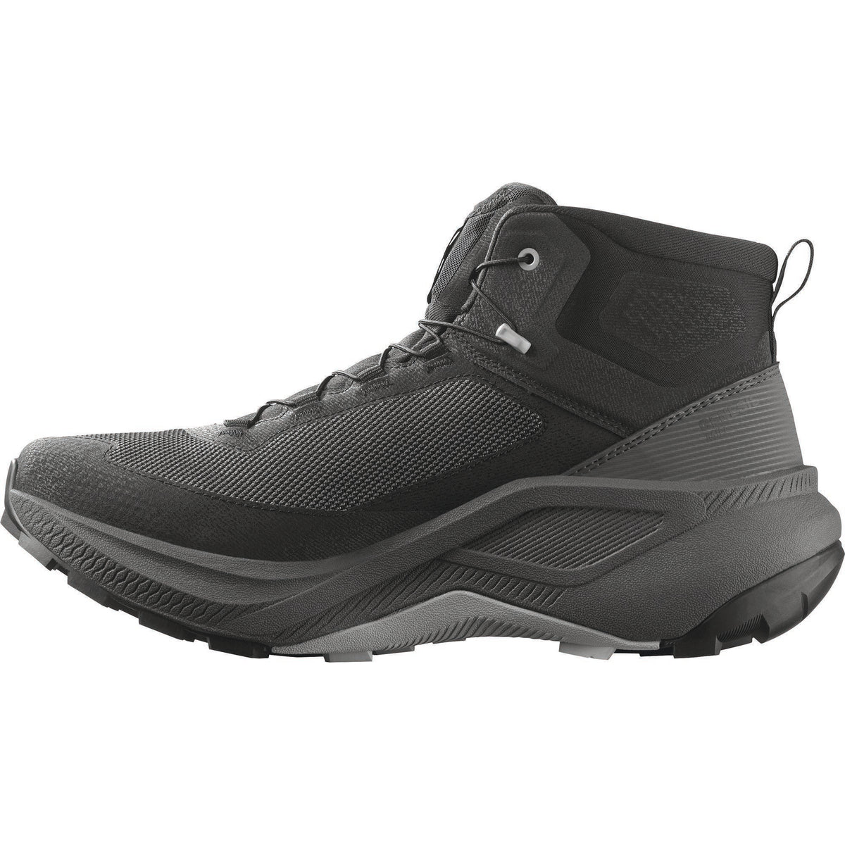 Salomon Genesis MID GTX boot medial side view in black and asphalt colorway