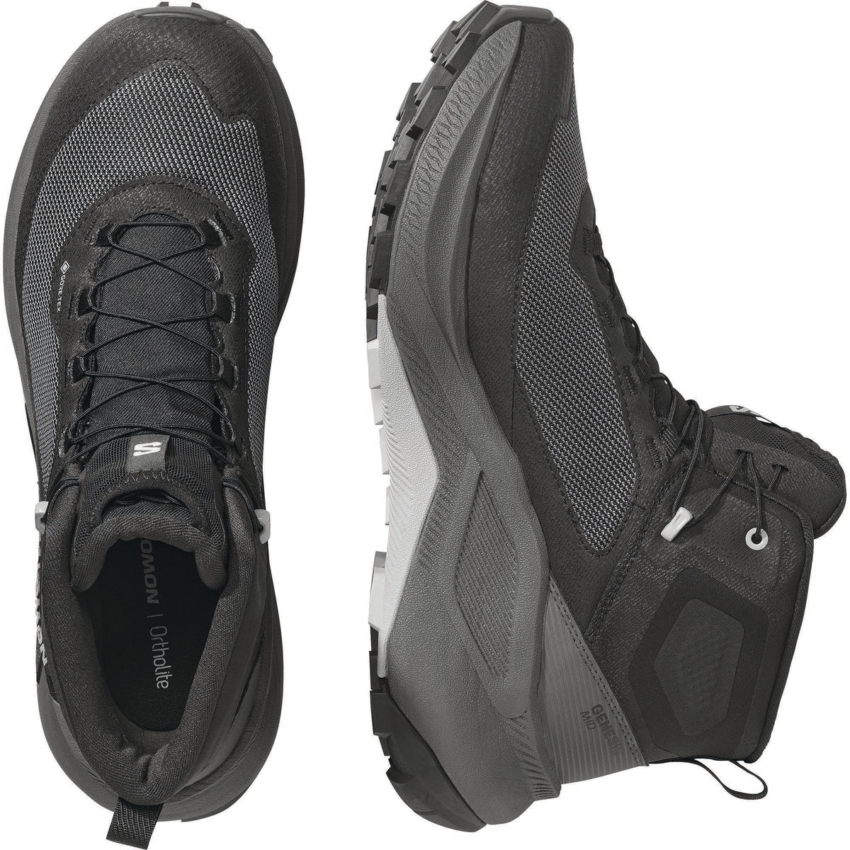 Salomon Genesis MID GTX boots top and side view showing OrthoLite insole and outsole