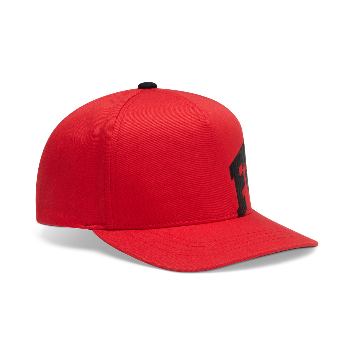 Fox Racing red snapback baseball cap with black embroidered Fox logo on front panel