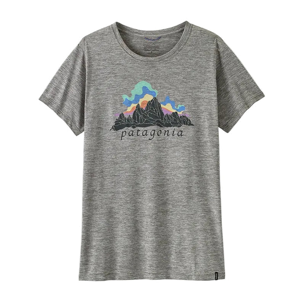 Patagonia Capilene Cool Daily Shirt in feather grey with Fitz Roy Nimbus graphic, flat lay