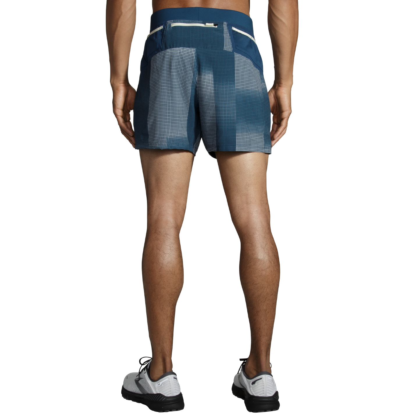 Brooks Sherpa 5-inch men's running shorts in blue with mesh pattern, rear view