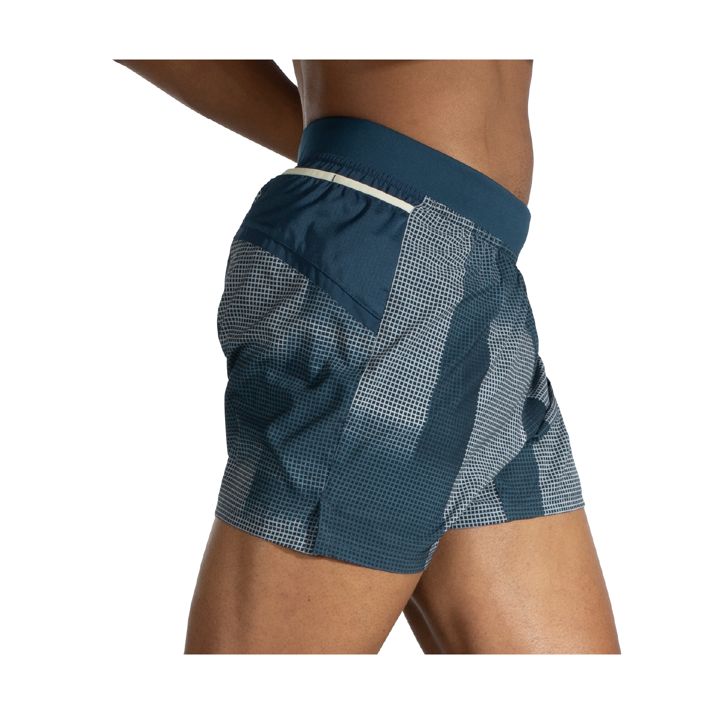 Brooks Sherpa 5 inch men's running shorts in blue geometric pattern