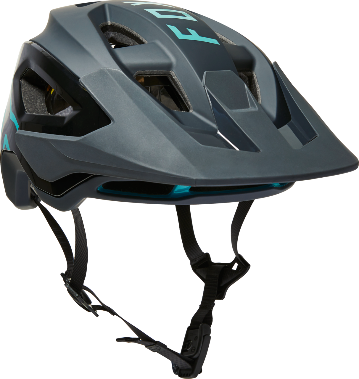 Fox Racing Speedframe Pro mountain bike helmet in slate blue with teal accents